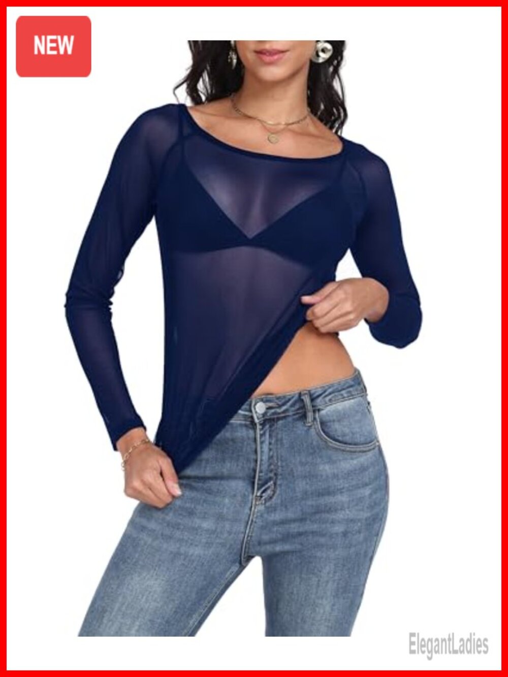 Womens Mesh Long Sleeve Sheer Top Fitted Crewneck See Through Blouse Clubwear
